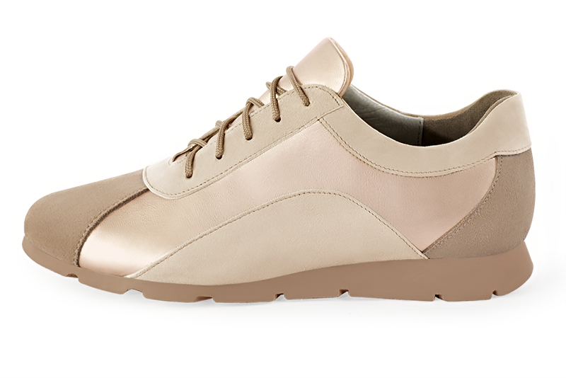 Tan beige, gold and champagne white women's two-tone elegant sneakers. Round toe. Flat rubber soles. Profile view - Florence KOOIJMAN